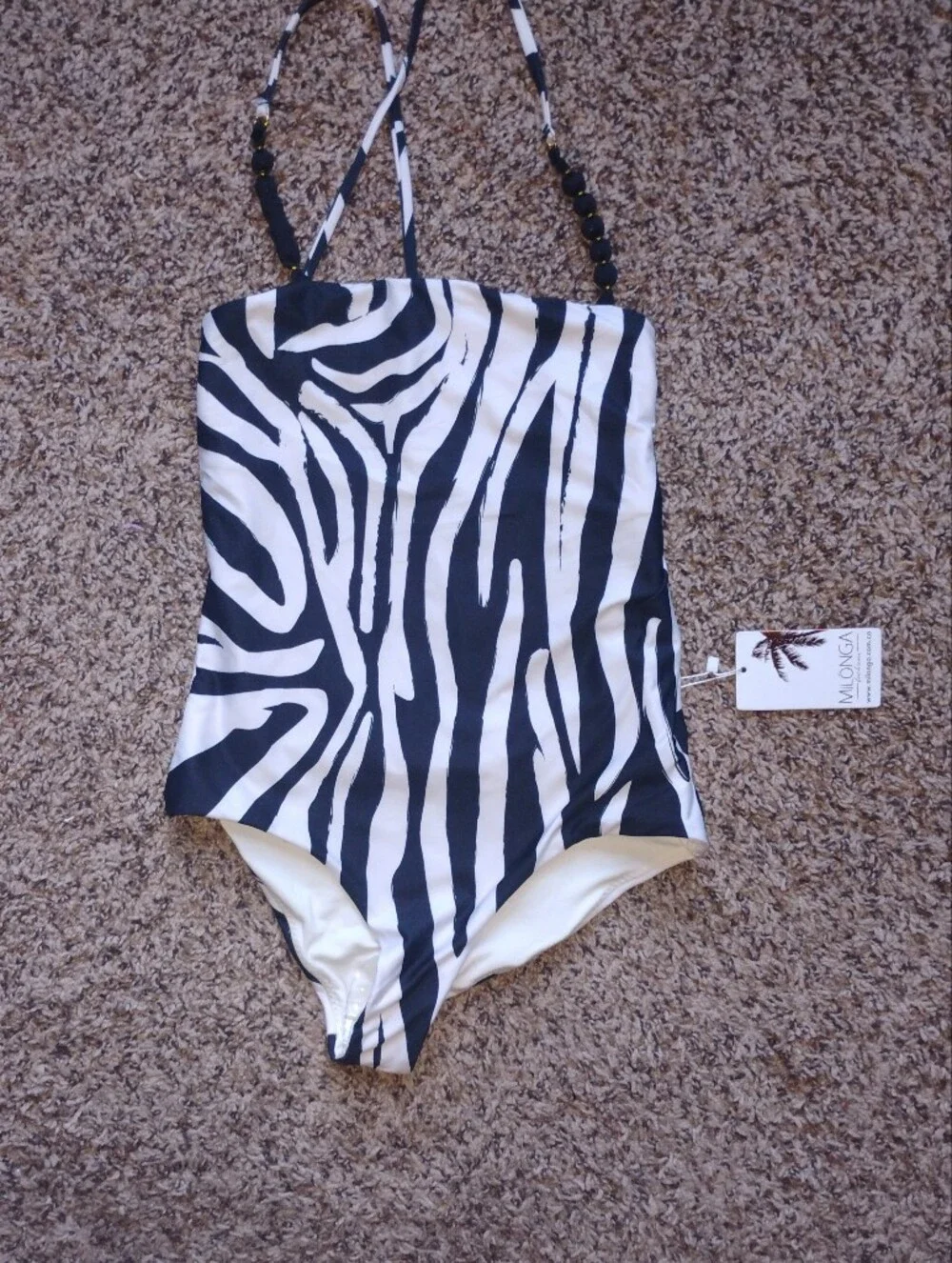 NWT Milonga Zebra Animal Print Beaded One Piece Swimsuit Size Small